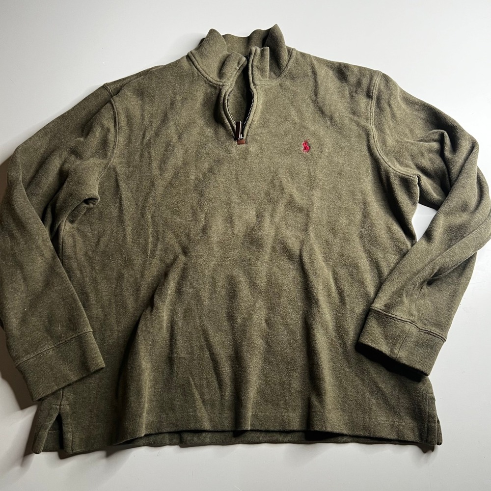 Polo Ralph Lauren Mens Large Olive Green 1/4 Zip Cotton Pullover Sweater Pony